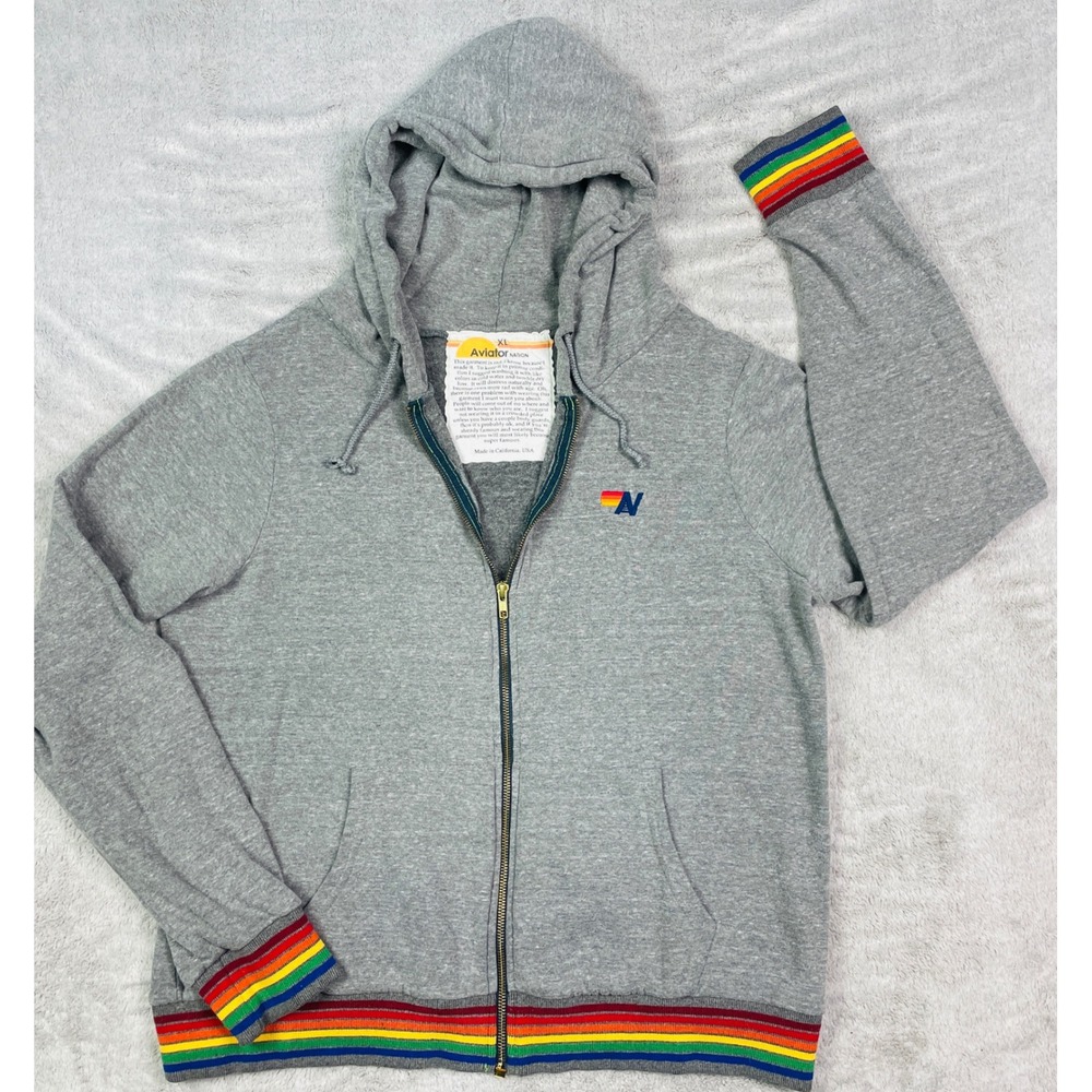 Aviator Nation 5 Stripe Zip Hoodie Heather Gray Rainbow Trim Logo Women XL USA